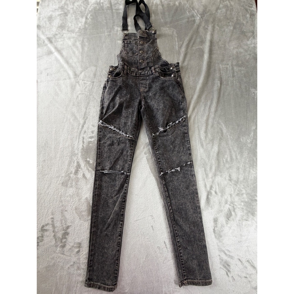 Tractor Denim Overalls Women Size 5 Black Acid Wash Distressed Skinny Bib Jeans